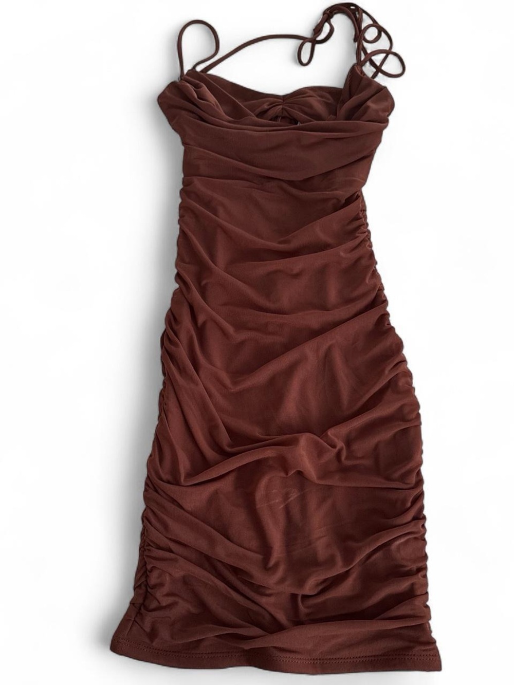 Oh Polly Chocolate Brown Ruched Spaghetti Strap Mini Dress